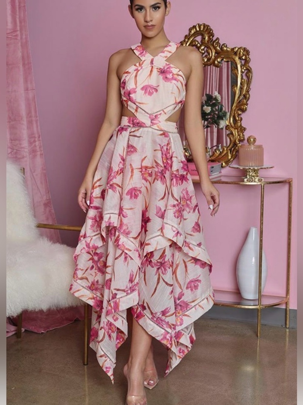 Lulus Only a Dream Peach Floral Print Cutout Handkerchief Dress Large